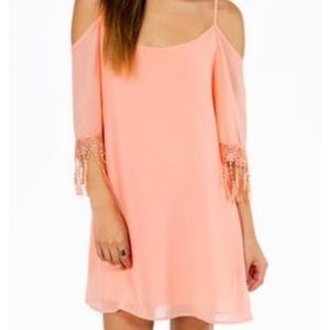 Open shoulder blush chiffon dress